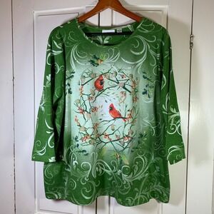 Embelished Top Women 2X Green Gay Cardinals Birds Floral Print VTG Kmart Plus Sz